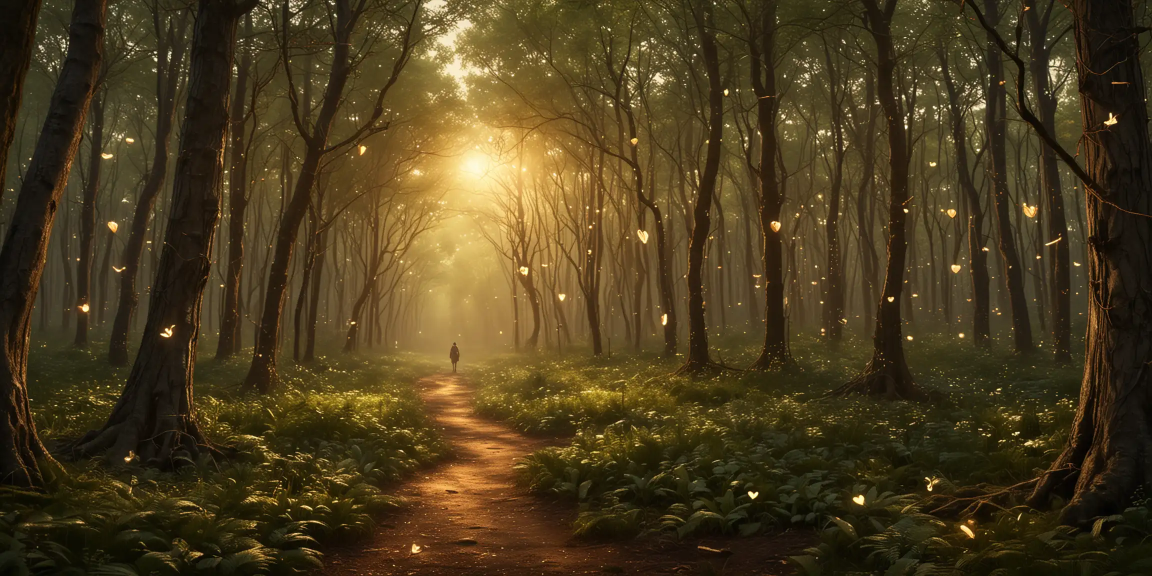 Enchanting Magical Forest with Glowing HeartShaped Locket and Fireflies