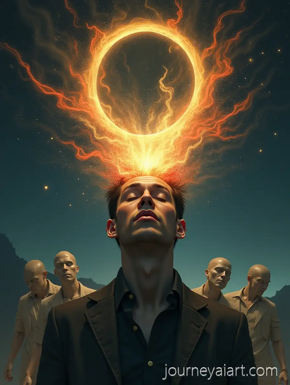 Surreal-Artistic-Portrait-of-Man-Surrounded-by-Abstract-Fire-Ghostly-Pirates-and-Cosmic-Night-Sky