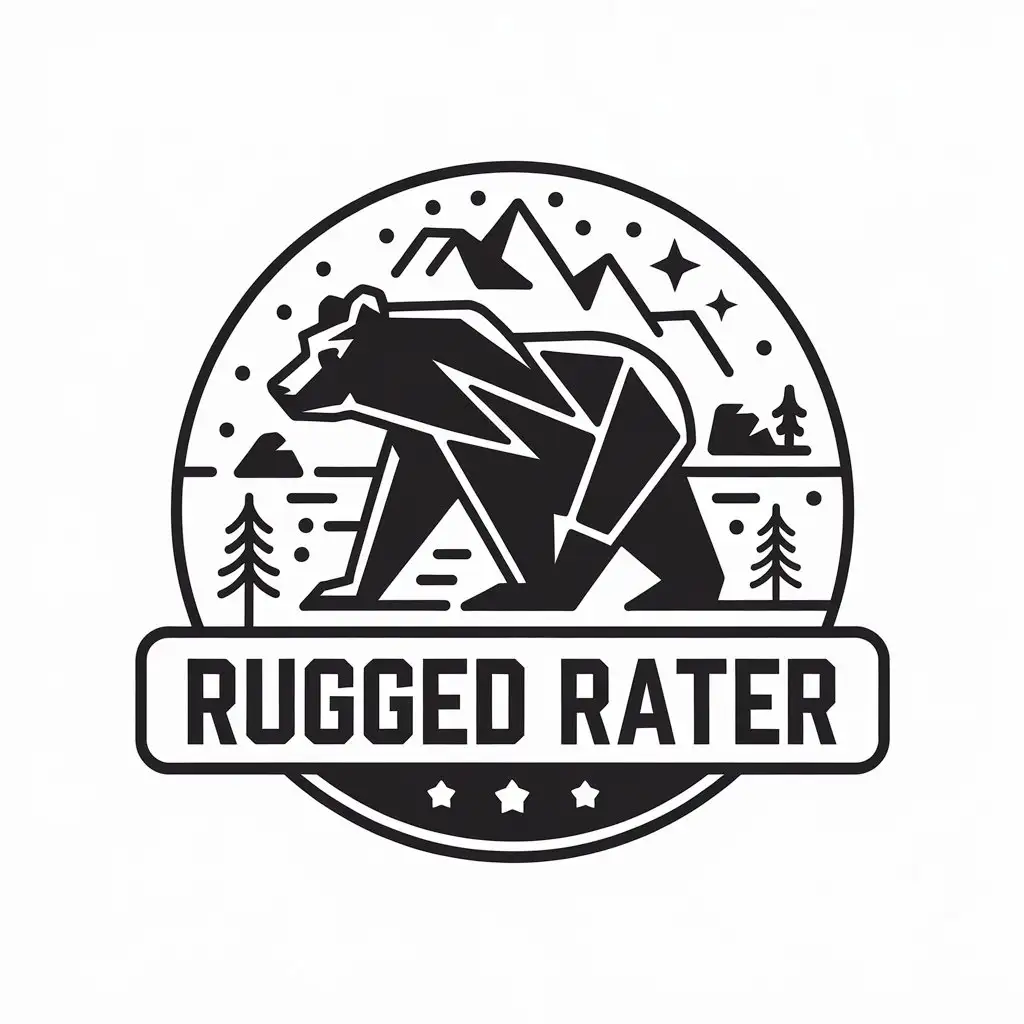 LOGO Design For Rugged Rater Abstract Bear and Mountain Theme in Black White