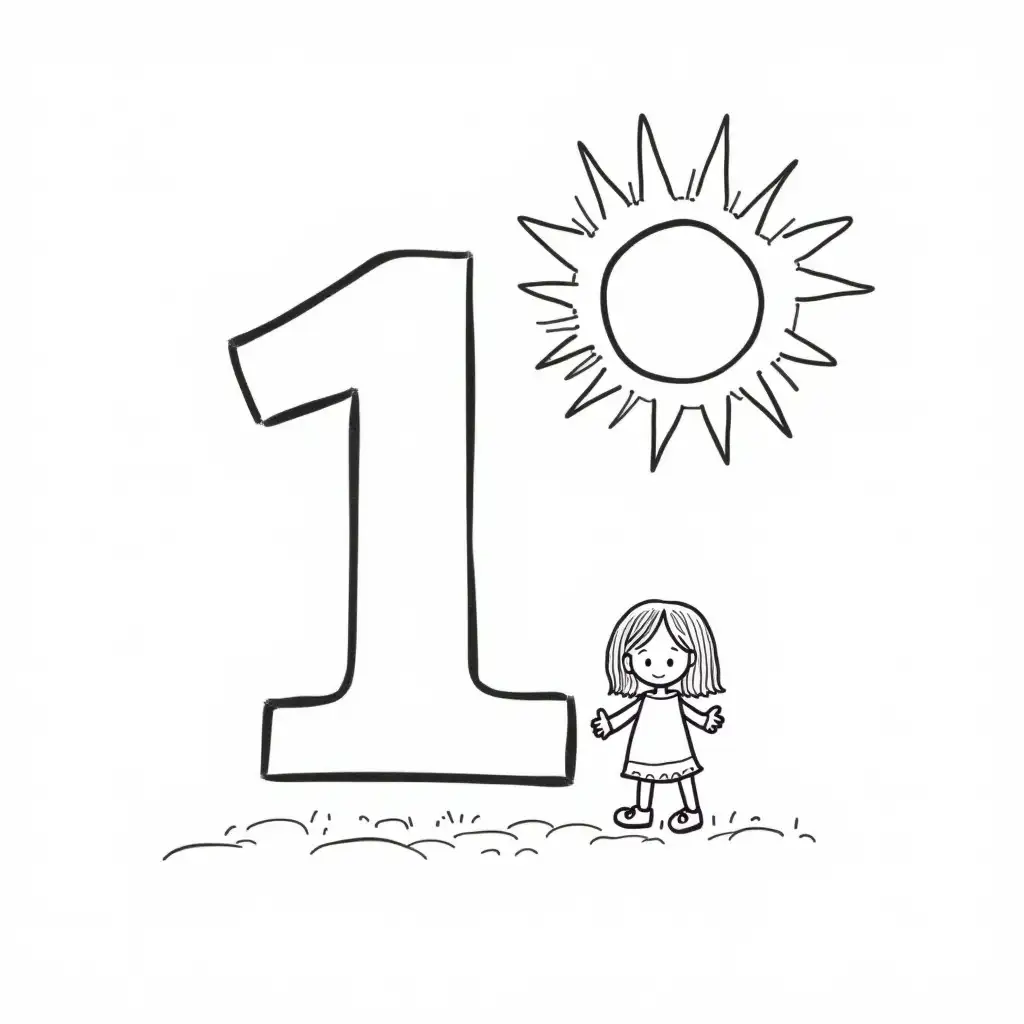 Coloring-Page-of-a-Little-Girl-with-Number-1-and-Sun-Black-Outline-on-White-Background