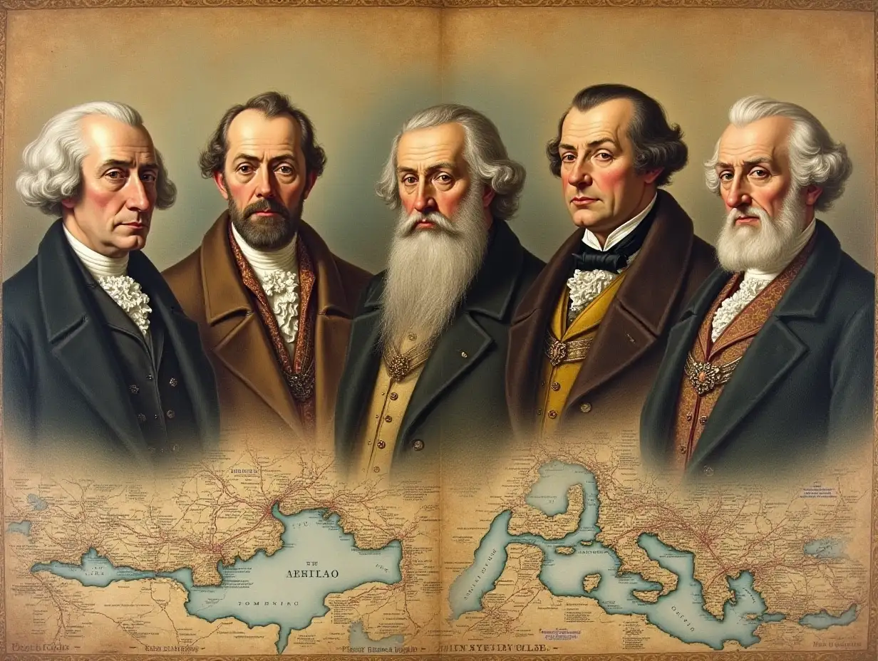 Old paintings of Mayer Amschel Rothschild and his five sons, maps showing major European cities create five sons 