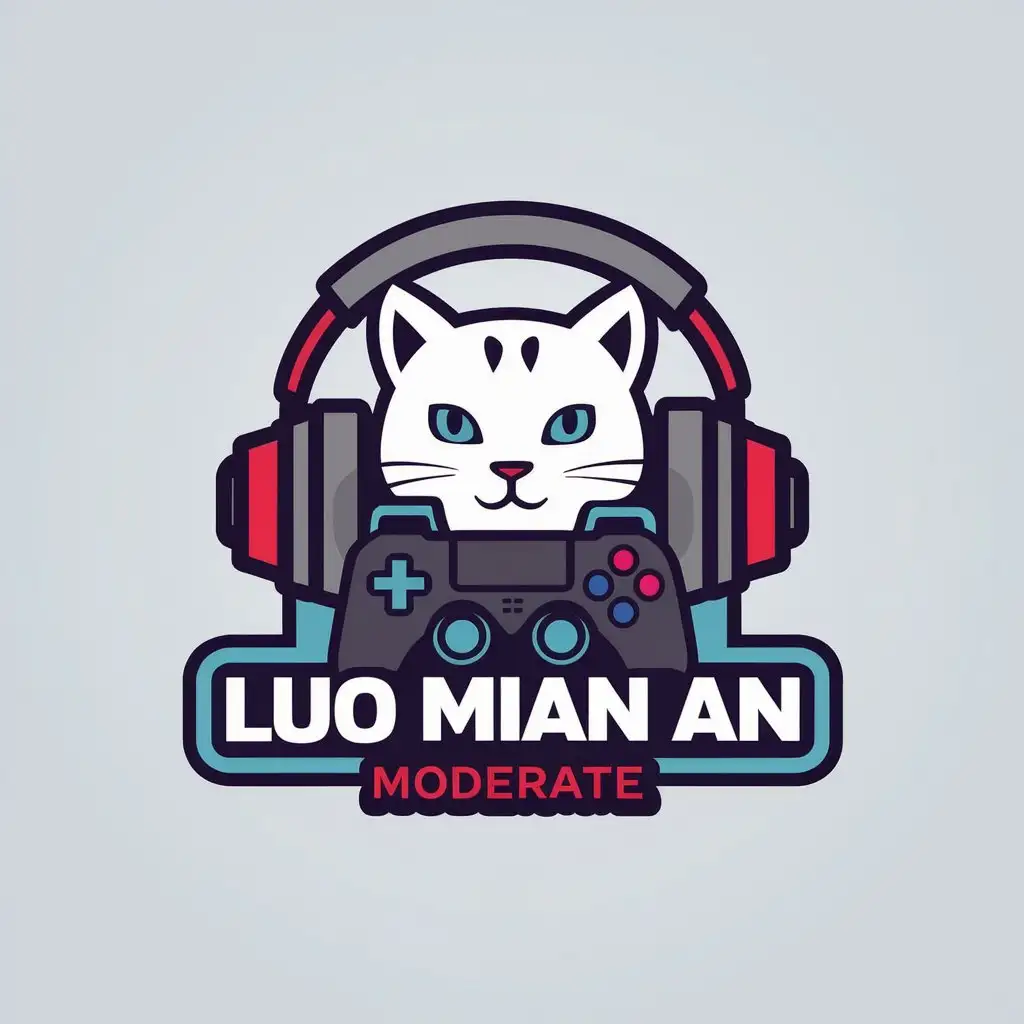 a vector logo design,with the text "Luo Mian An", main symbol:White cat, game console, microphone, headphones,Moderate,be used in Internet industry,clear background