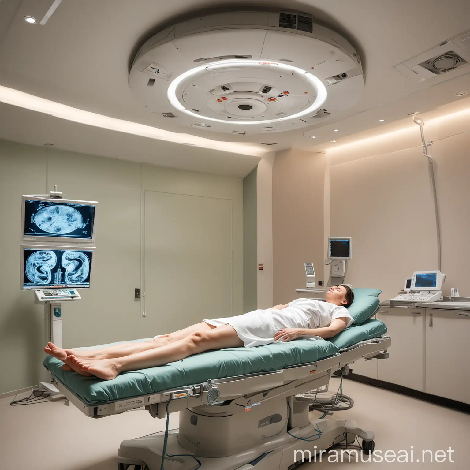 Modern Radiotherapy Treatment Room with Patient and Medical Team