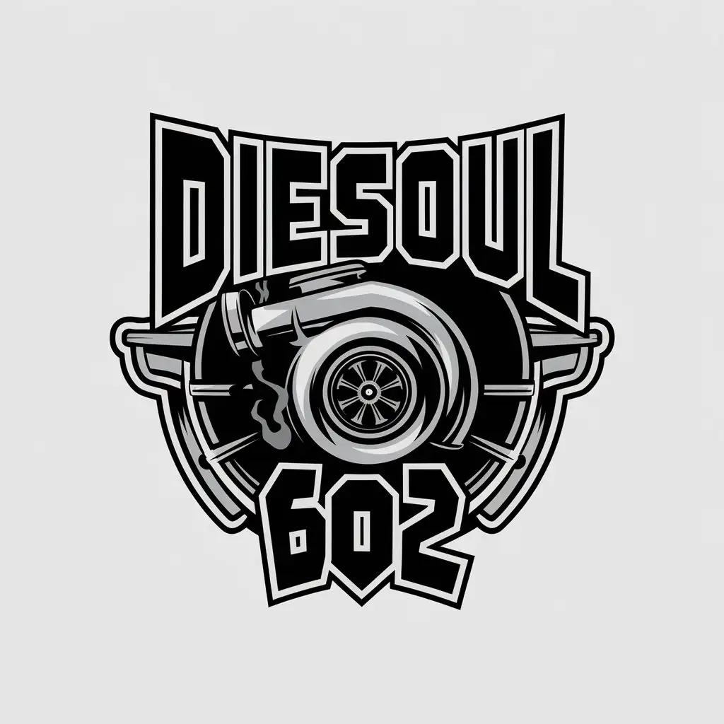 a vector logo design,with the text "Diesoul 602", main symbol:Diesoul 602 with a turbocompressor smoking black instead of 0,complex,be used in Automotive industry,clear background