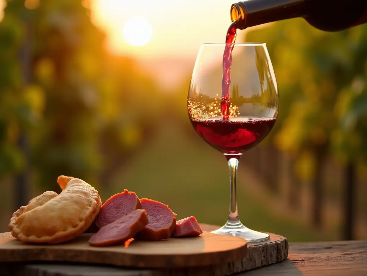 Close-up of a glass with red wine being poured from a bottle. The wine can be seen moving as it pours down the wine The glass is on a piece of wood. In the background, out of focus, you can see vines and bunches of grapes. The sun is setting and some faint rays hit the wine glass. Next to the glass there is a wooden board with roasted meat cut into small pieces and some empanadas The whole image is in creamy colours and has an atmosphere of peace and tranquility