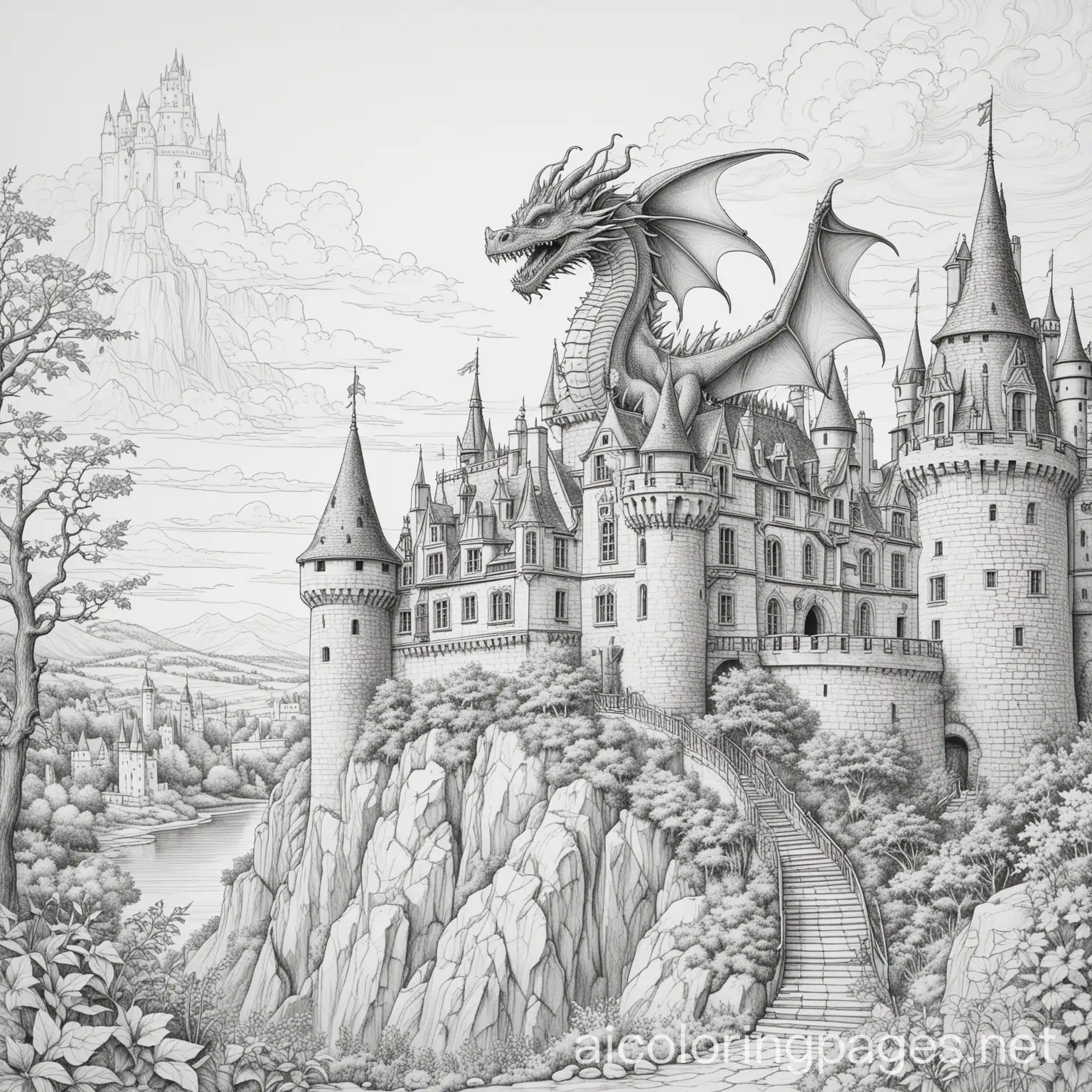 FireBreathing-Dragon-Above-a-Castle-Coloring-Page