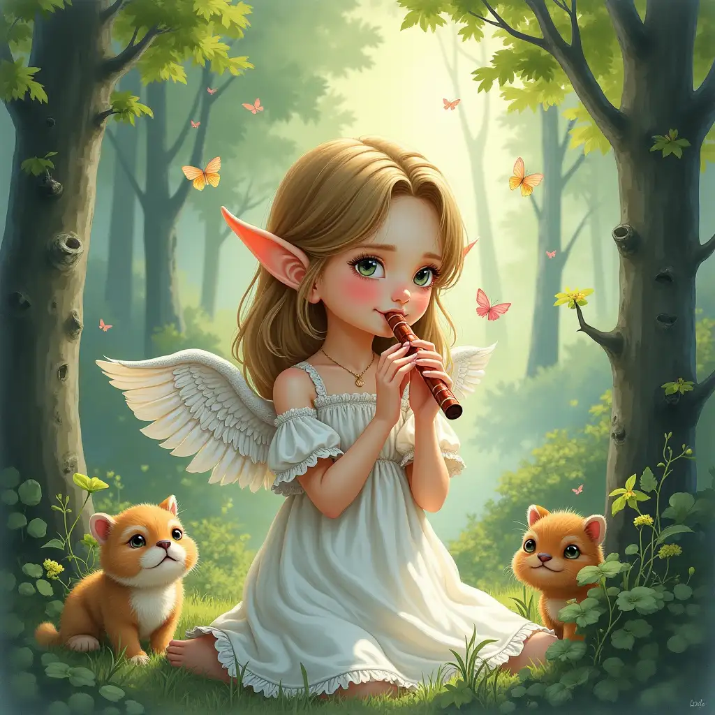 Young girl, elf ears, forest, plays flute, animals watch, charmed, white dress, winged shoulders, butterflies, sparkling magical points, fantasy background, watercolor style, intricate detail, vivid colors, whimsy mixed with enchantment, high-quality, digital painting