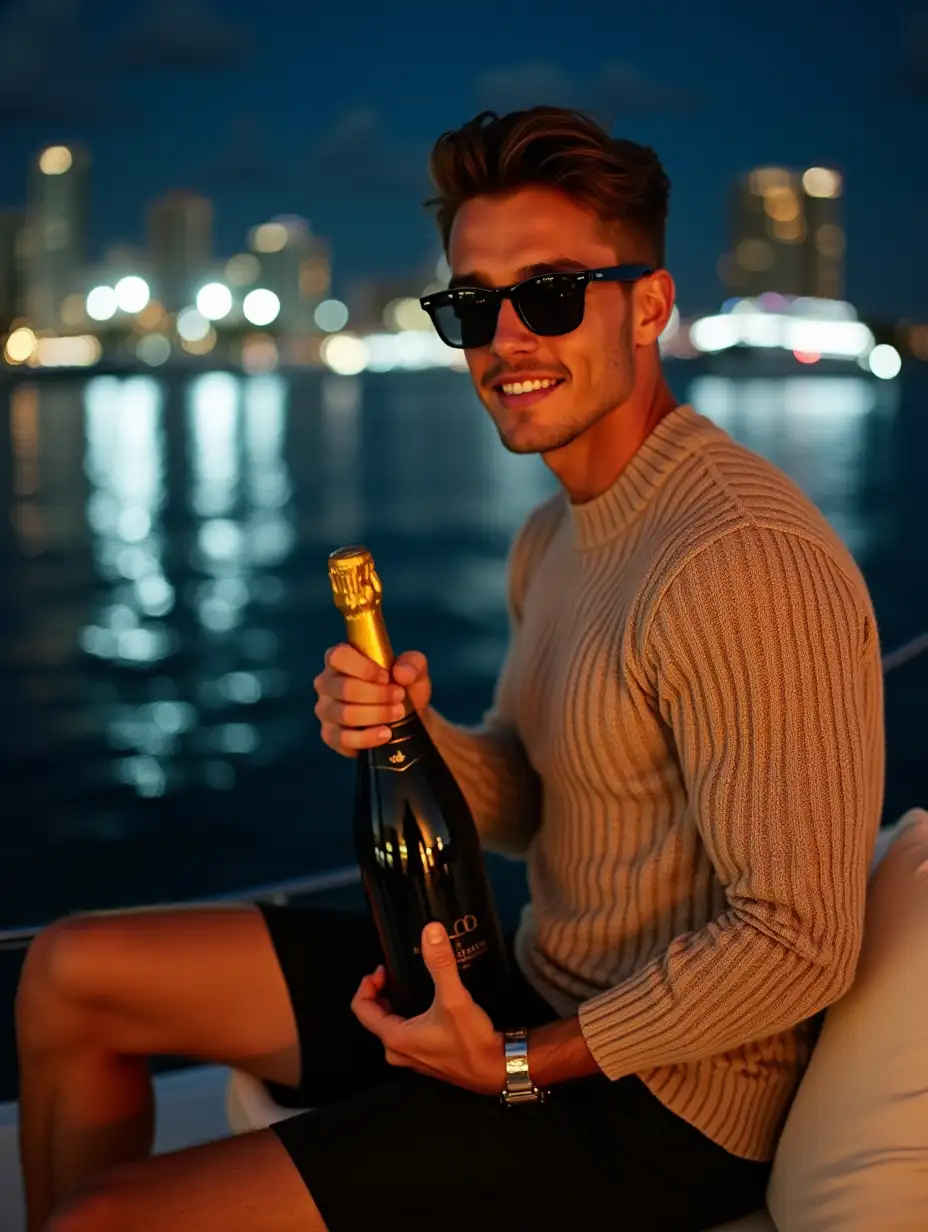 Dapper-Young-Man-Enjoying-Champagne-on-Yacht-with-Miami-Beach-Skyline-at-Night