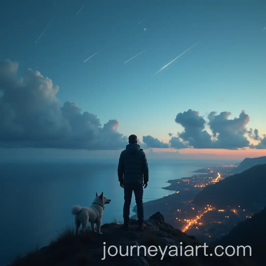 Man-and-Dog-Gaze-at-the-Vast-Ocean-During-an-Evening-with-Shooting-Stars
