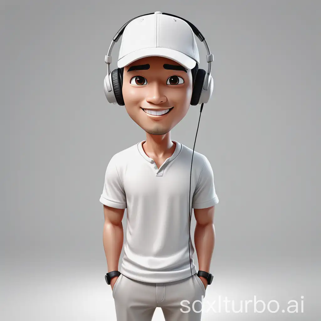 Cartoon-Style-Indonesian-Man-with-White-Baseball-Hat-and-Headphones