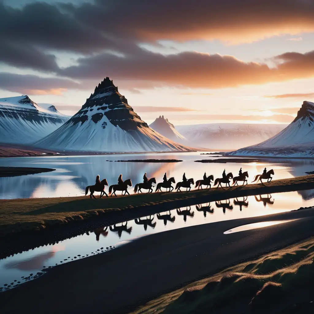 Viking Women Silhouettes Riding Horses Across an Icelandic Landscape