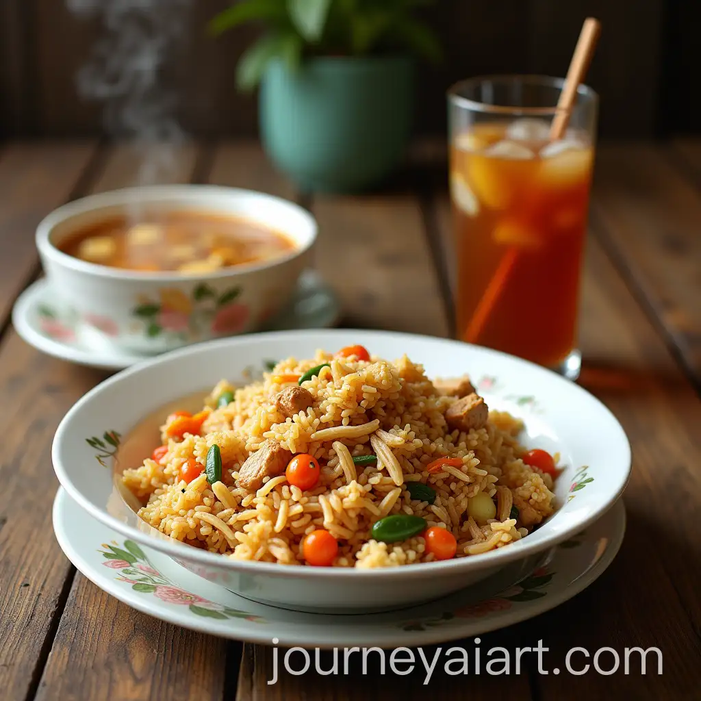 Golden-Fried-Rice-with-Chicken-Vegetables-Broth-and-Iced-Tea-on-Rustic-Wooden-Table