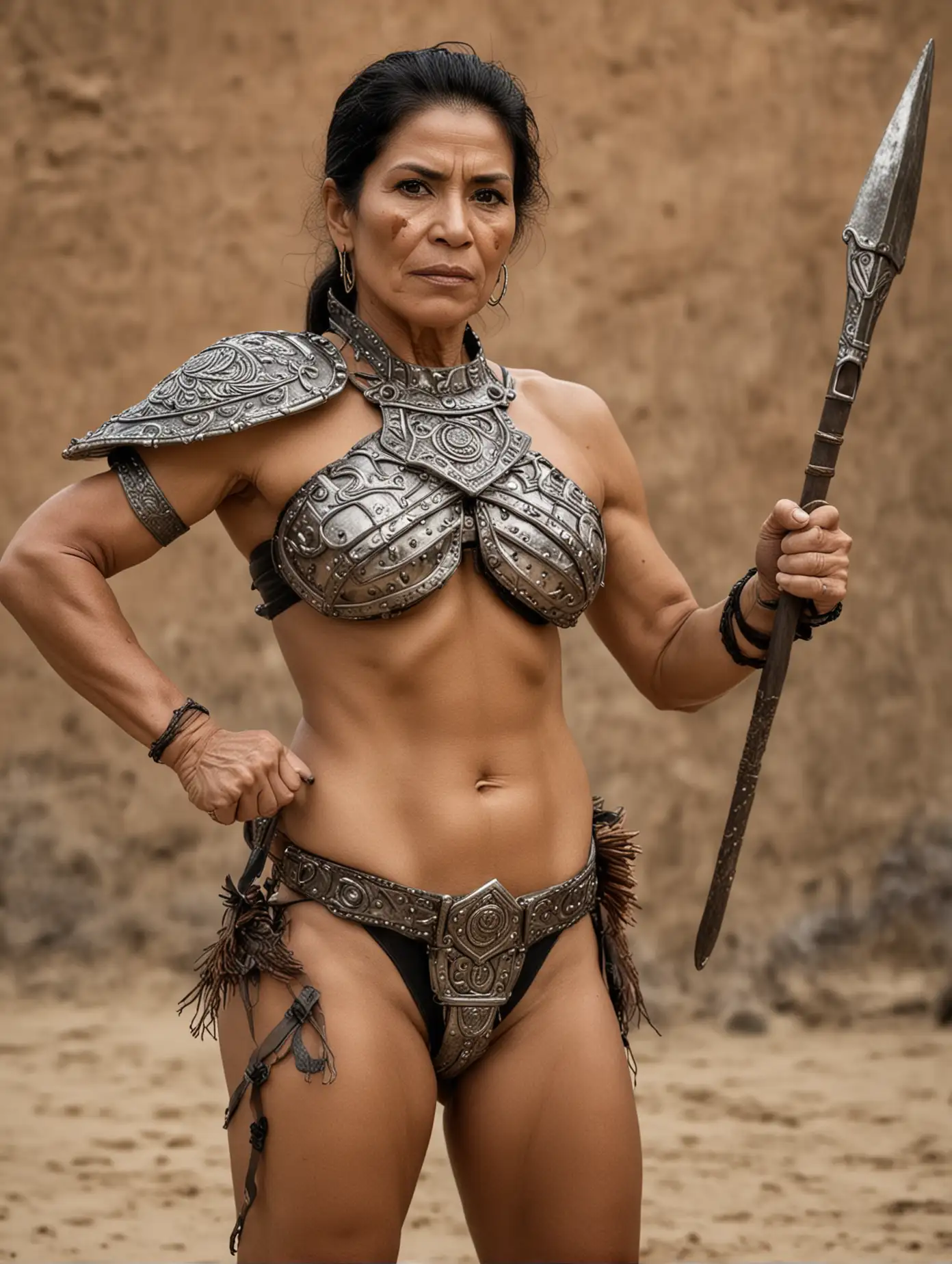 60 year old Mexican woman, wearing bikini armor, muscular, wielding a spear