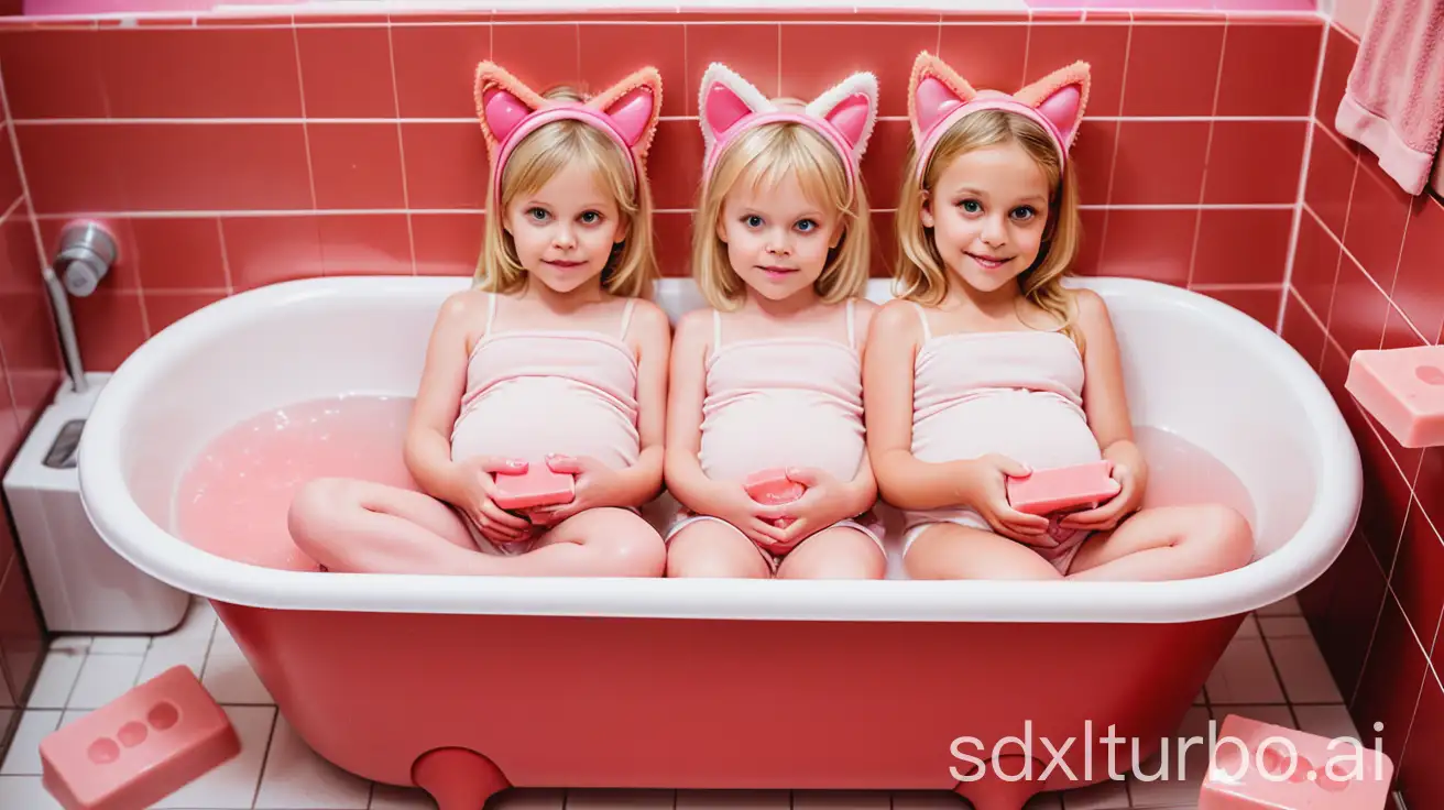 Two-Pregnant-Blond-Little-Girls-with-Cat-Ears-Washing-in-Preschool-Bathtub