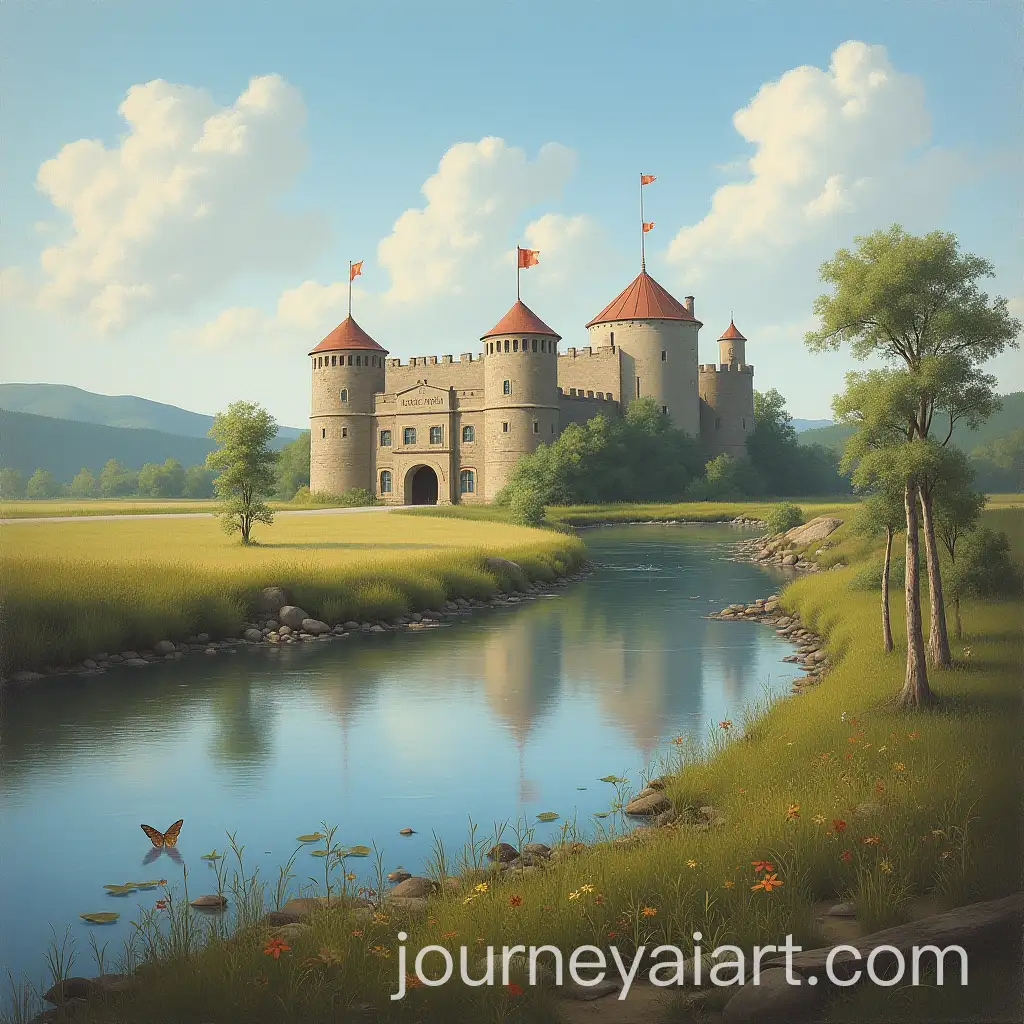 Historic-Fort-by-the-River-with-Low-Angle-View-Painting