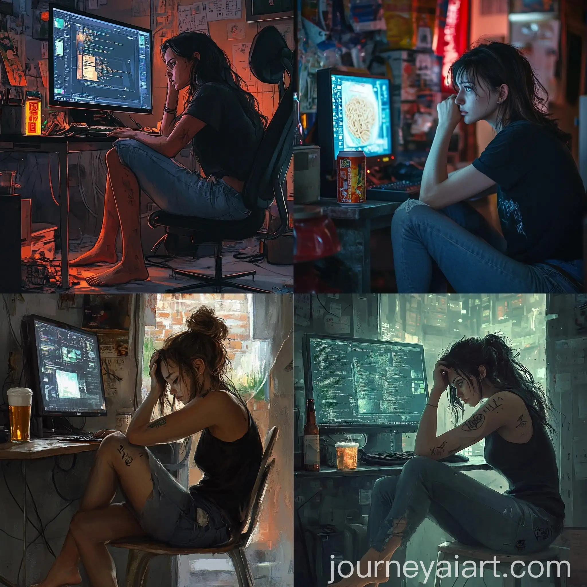Woman-in-Cyberpunk-Apartment-with-Beer-and-Noodles