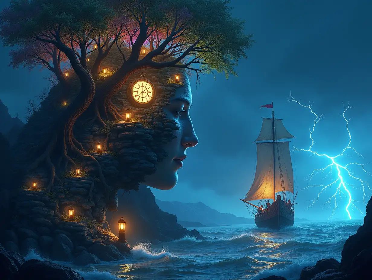 Creating a Digital painting of a face with rainbow hair turning into a building with stones and lighting trees with roots and rocks and lantern at the sea,with large hand clock sailboat with lanterns and very big waves and lightning strange creatures-in the night 