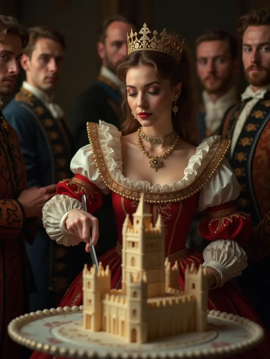 17th-Century-Woman-in-Baroque-Outfit-Cutting-London-Tower-Cake-Surrounded-by-Noblemen