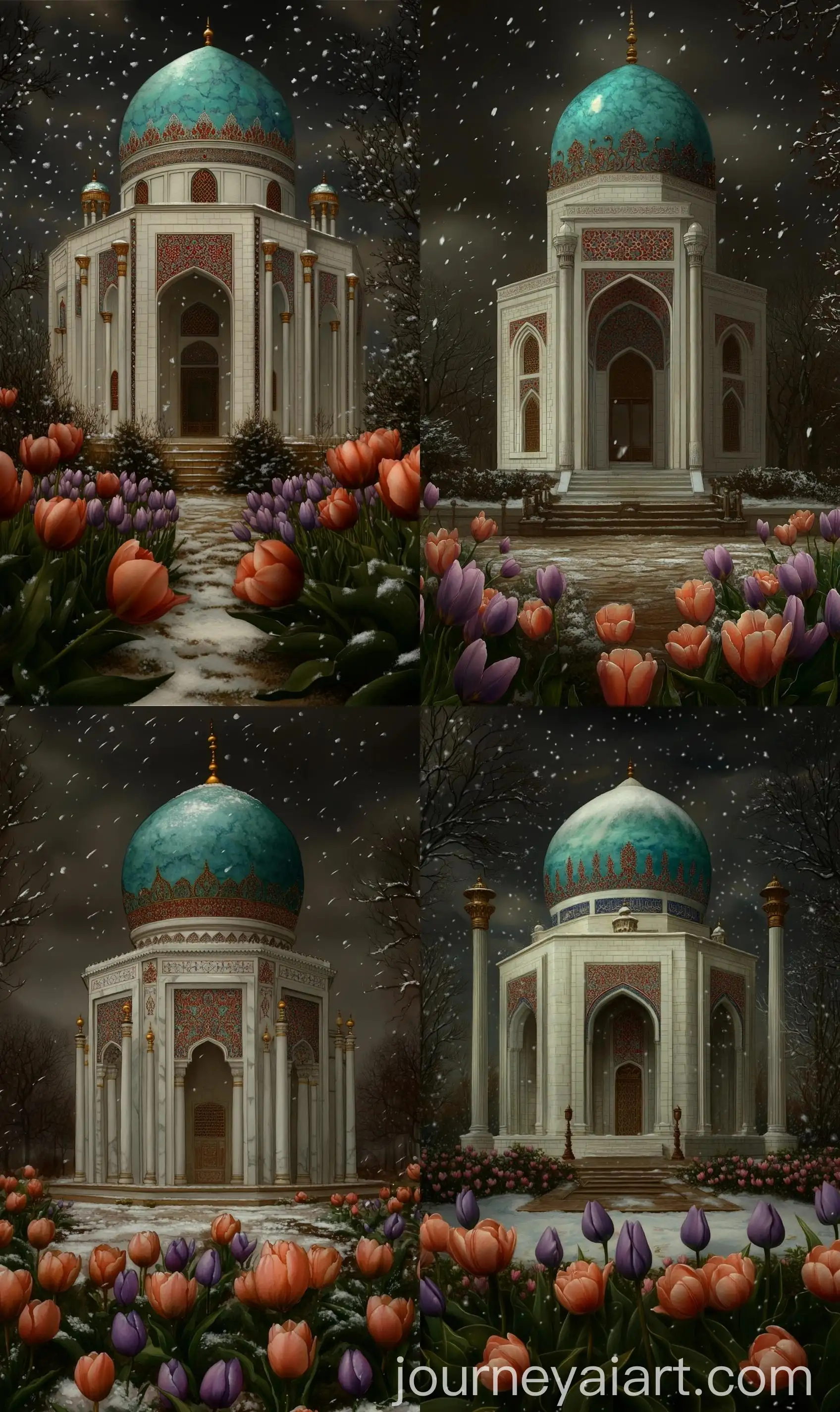 Watercolor-Art-of-Octagonal-Mughal-Shrine-with-Modern-White-Brick-Facade-and-Turquoise-Marbled-Dome