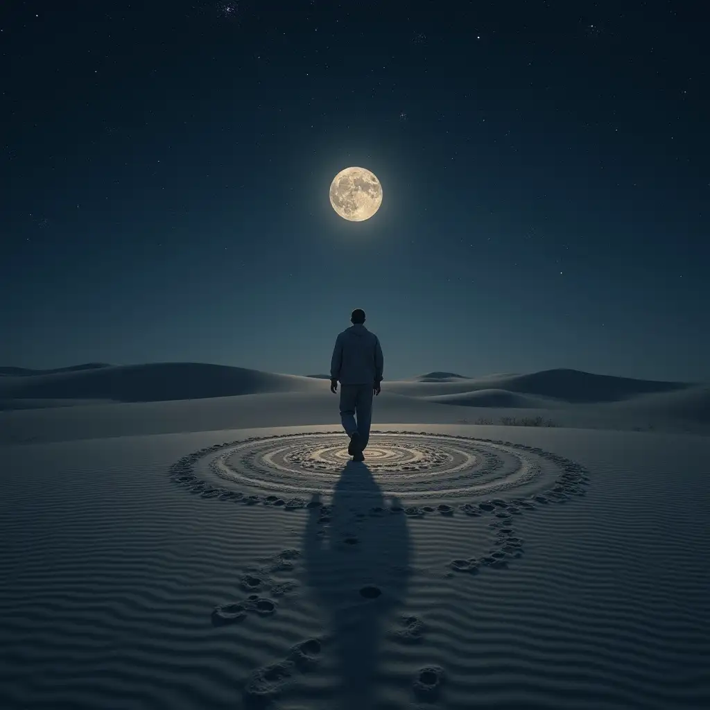 Realistic album cover, 1:1. A lone traveler walking in circles in a moonlit desert, seen from above. Footprints form a perfect loop. Stars twinkle above, and a glowing ancient Indian symbol (like Om or a chakra wheel) appears subtly in the sand. Mood: mysterious, minimal, and expansive