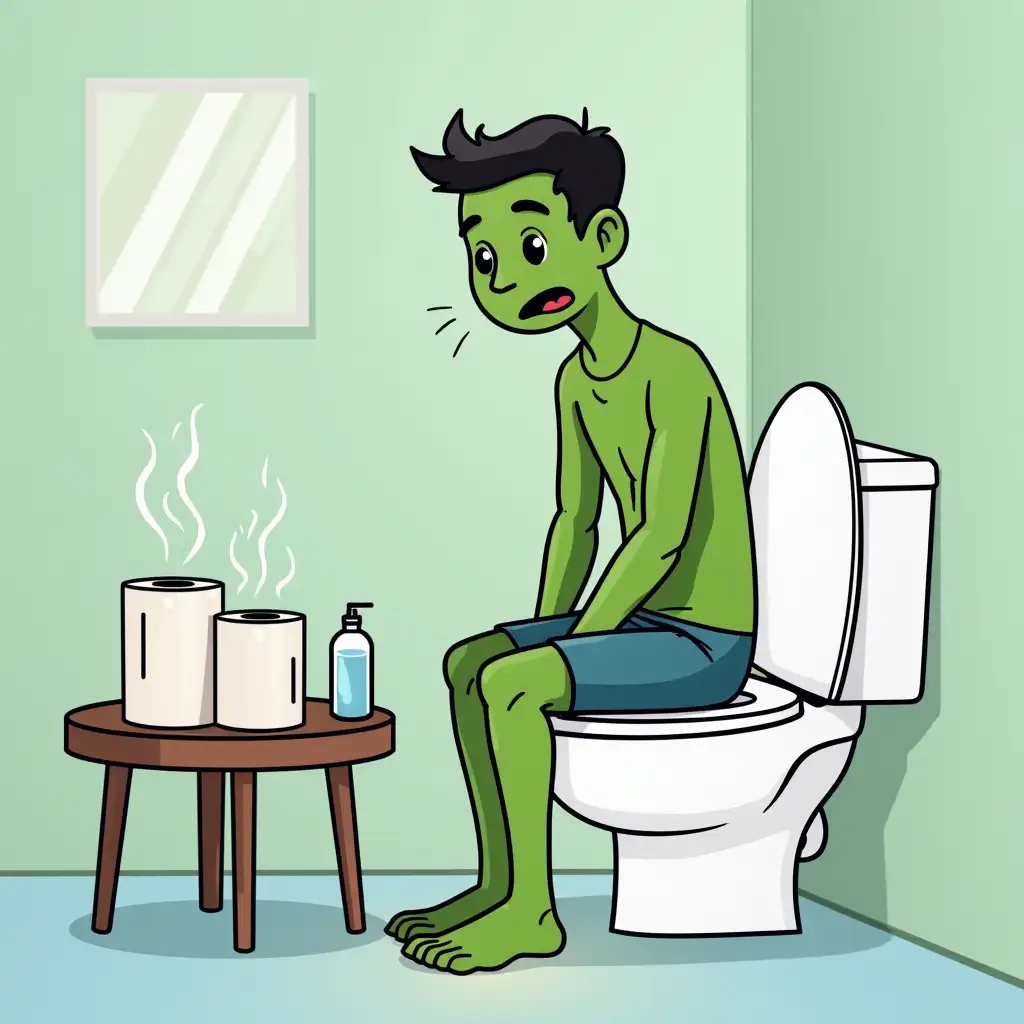 A cartoon guy is sitting on the toilet in the bathroom, his pants down, his face is green, he's about to throw up. In front of him is a side table with toilet paper, activated carbon, napkins and a glass of water.