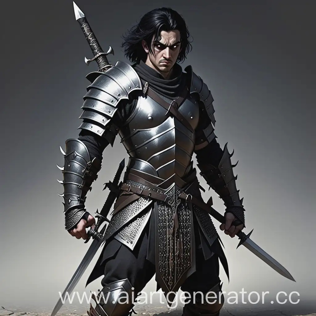 Bastard Warrior lone,male,cloth armor,sword,2 daggers,bow,agility,black eyes,black hair.clothes under armor
