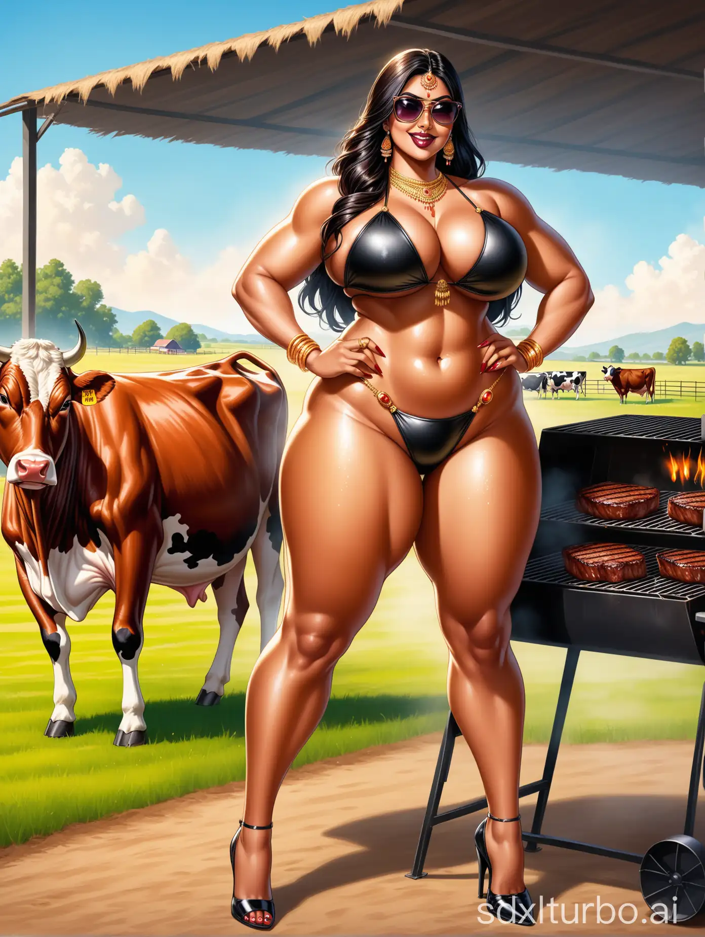 Gorgeous-Indian-Woman-in-High-Cut-Bikini-with-Evil-Smile-and-Steak-Queen-Theme