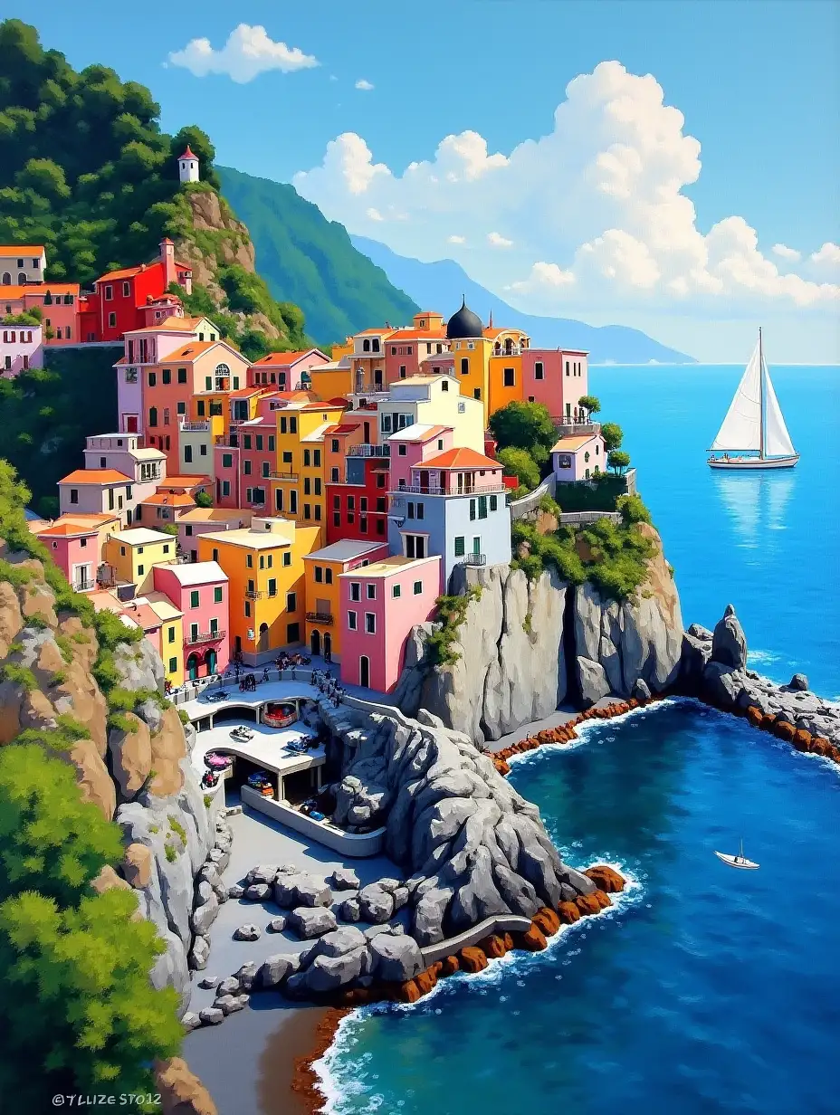 amalfi coast, oil painting, impressionist style, sunny day, colorful buildings and domes overlooking the sea with sailboats in background, lush greenery on cliffs, vibrant colors, detailed brushstrokes, textured canvas effect, impressionistic technique, high resolution --ar 1:2 --stylize 750