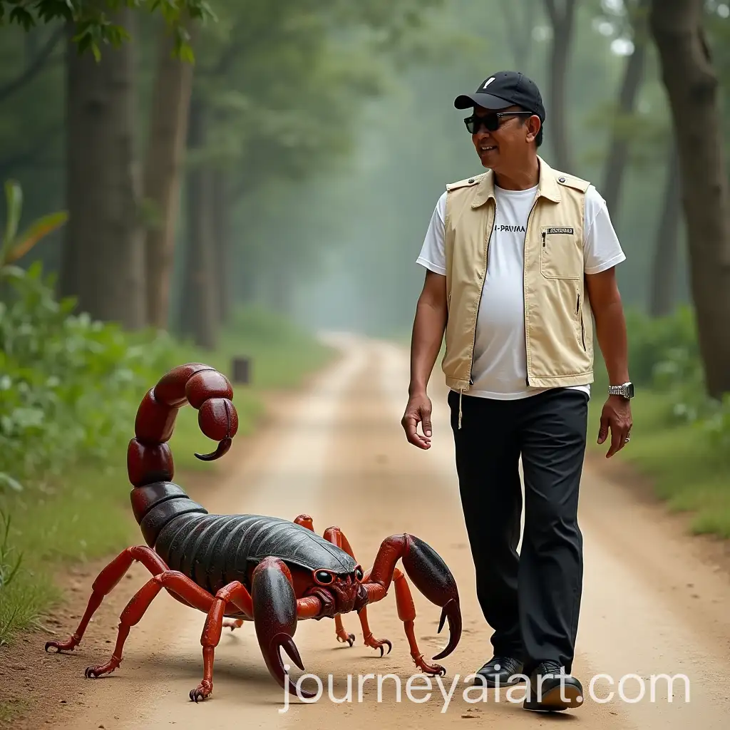 Javanese-Man-Walking-with-Giant-Scorpion-in-Peaceful-Village