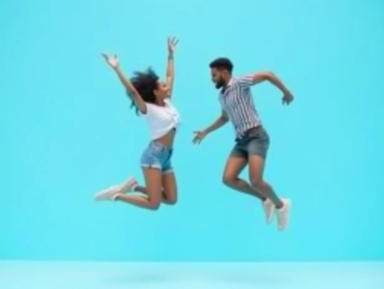 Playful-African-American-Couple-Jumping-in-Summer-Beach-Clothes-on-Blue-Background