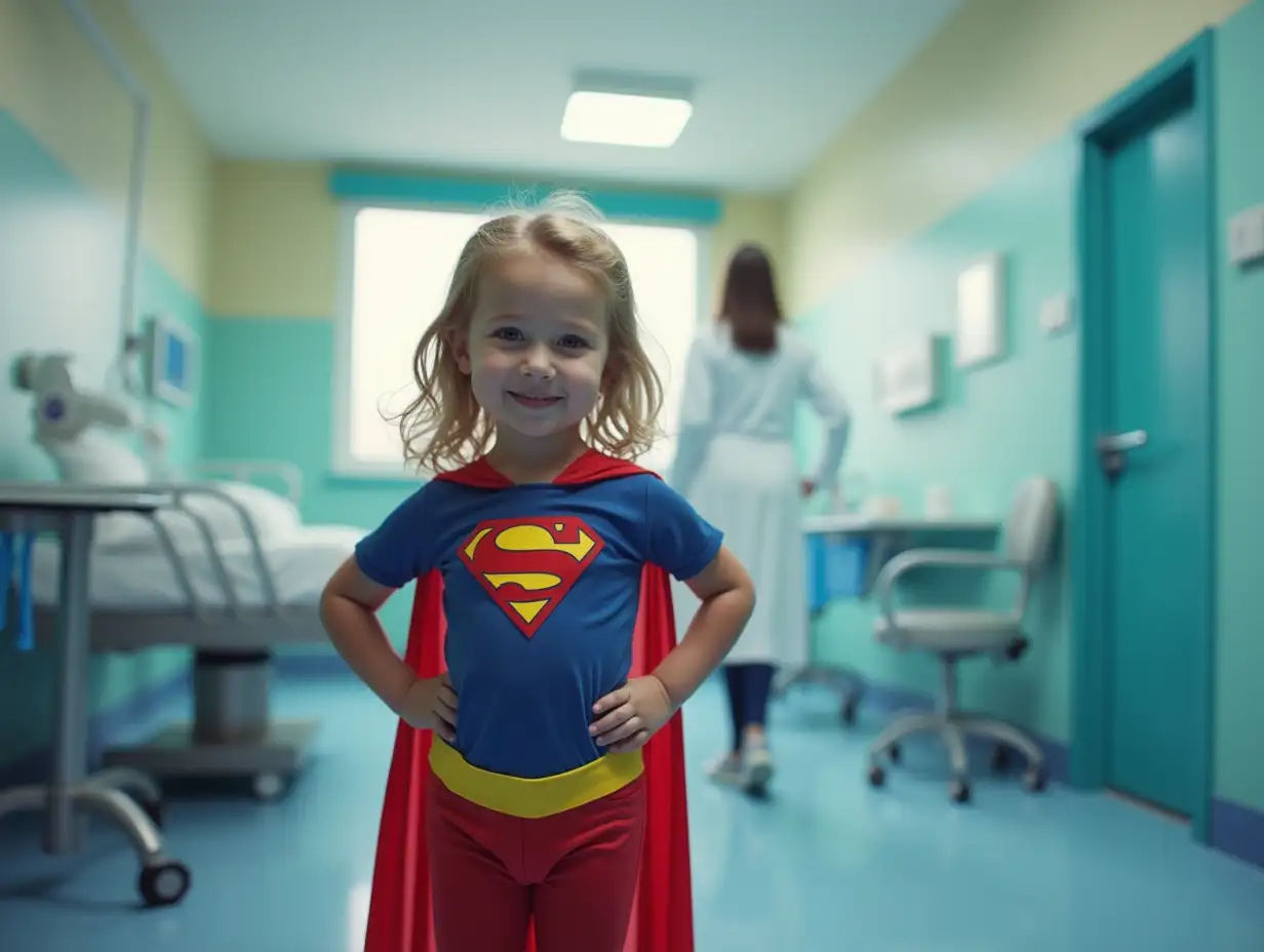 Little girl in a superhero costume in a hospital. Created with Generative AI technology.