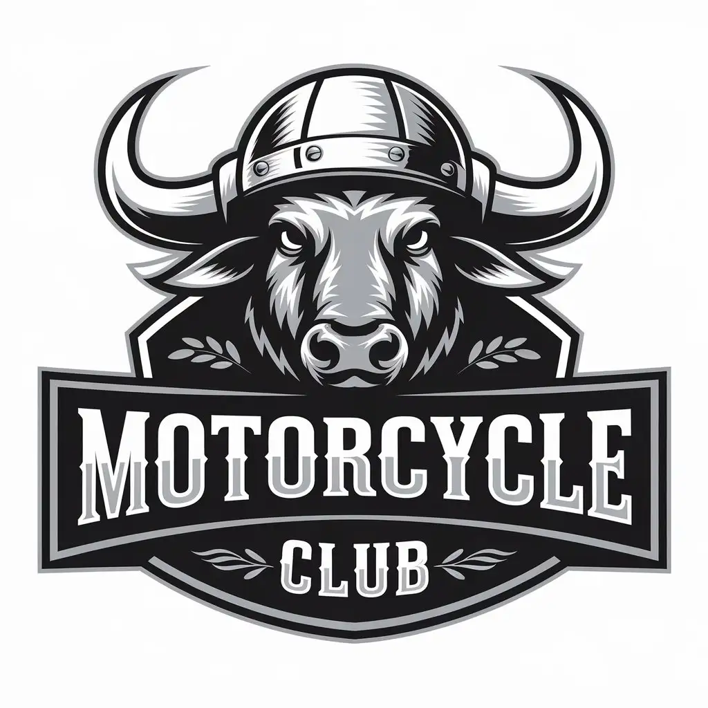 LOGO Design for Motorcycle Club Bold Buffalo Head with Vintage Helmet and Monochrome Color Scheme