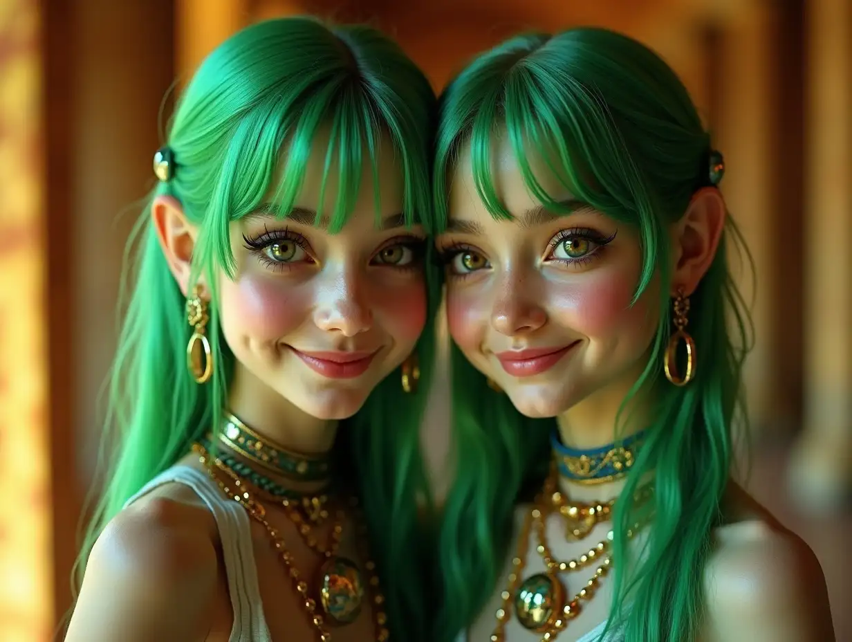 Two young green girls with alien face, with green hair, with a light smile on their faces, highlighting their smiles, modern retro jewelry, in a temple with lots of gold in various shades  4k quality