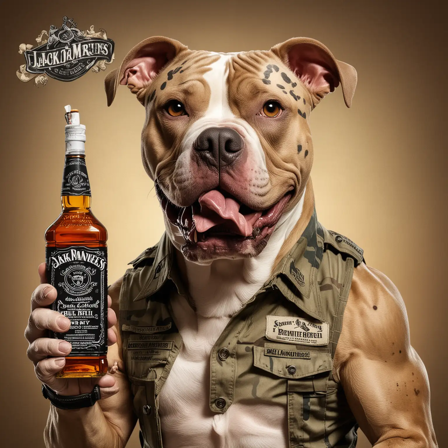 An cartoon like image for a uniform patch. A muscular pit bull dog wearing desert camo army fatigues. The dog is holding a bottle of Jack Daniels whisky and biting a cigar. The dog is showing his teeth. The dog has an angry look. The image should display the text "imperatoriae bourbon" across the top and "quadrigis bibens" across the bottom.