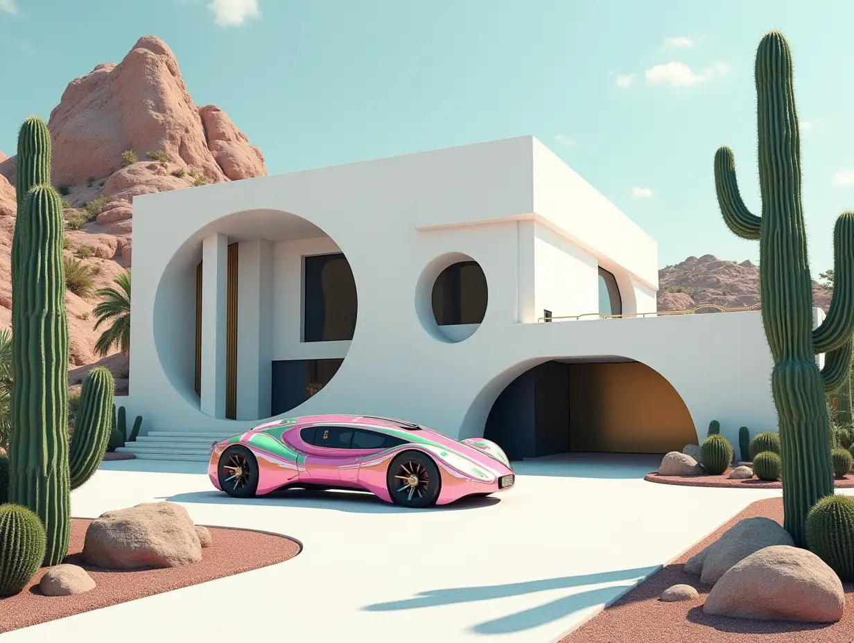 Create a high-resolution realistic image of a futuristic white building with black and gold accents, curved columns, large trees mountain cacti, rocks, and a futuristic pink-green striped vehicle