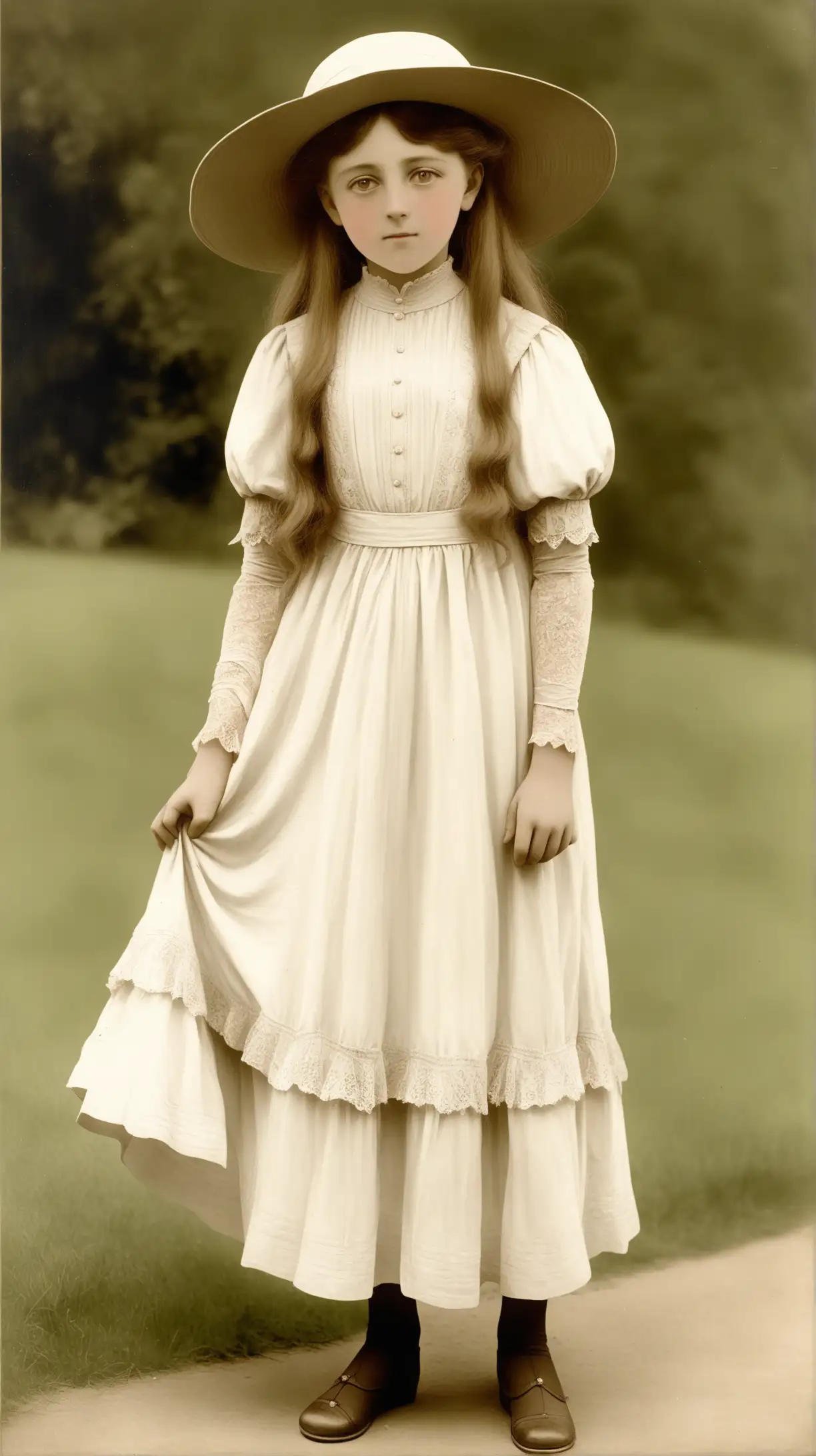 Young Edwardian Girl in Sun Hat Outdoors