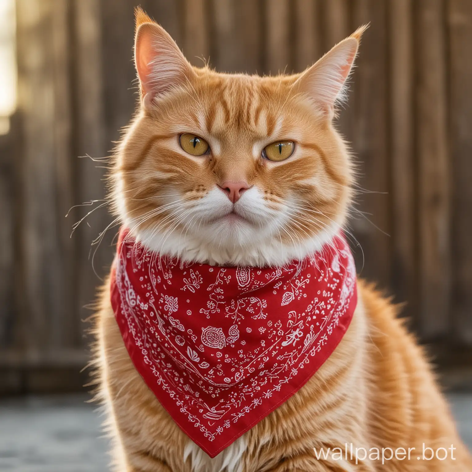 gato naranja, gordo, peludo, bandana roja chica en el cuello, con una oreja cortada