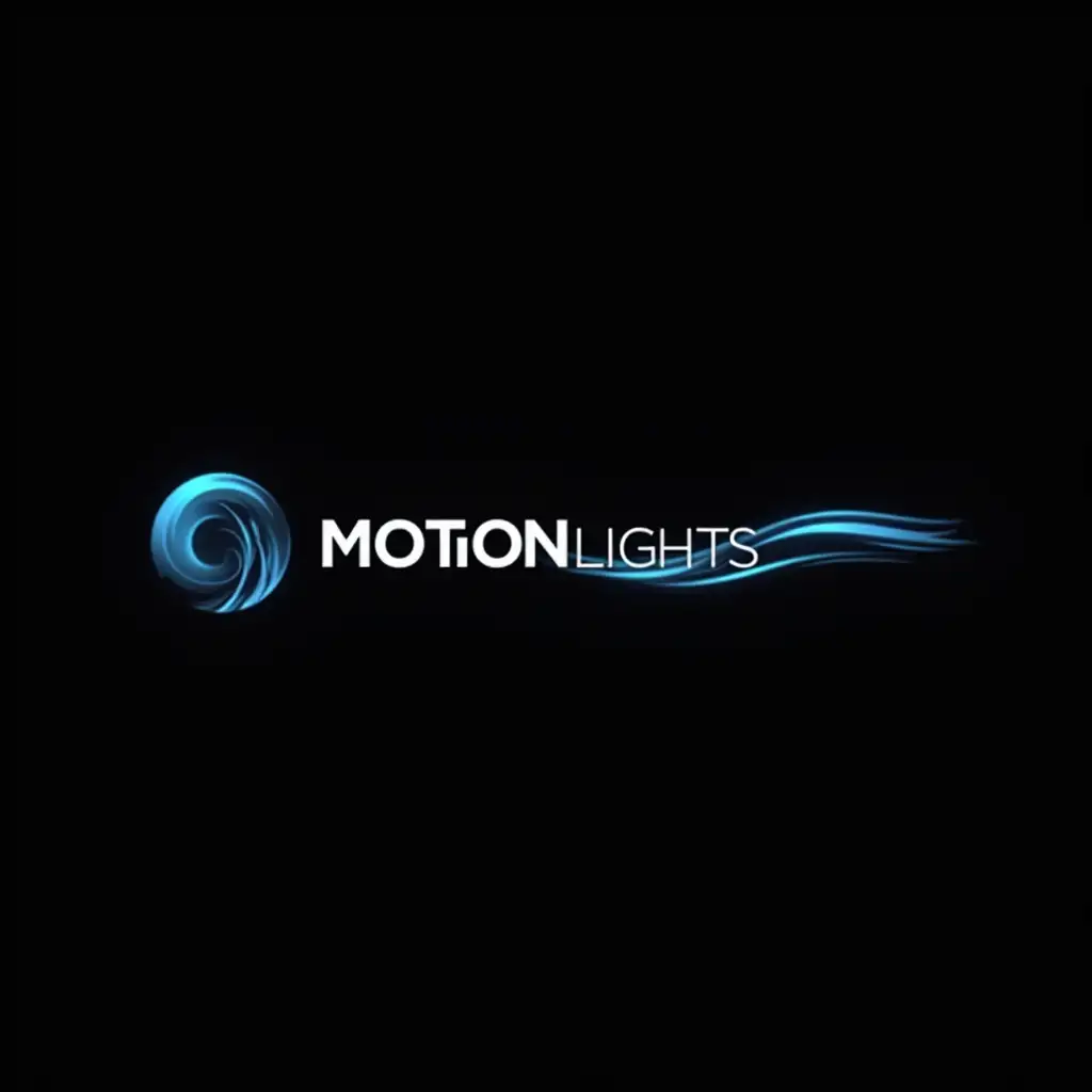 A logo of the company 'MOTIONLIGHTS' WITH a blue wave over the text. Black background