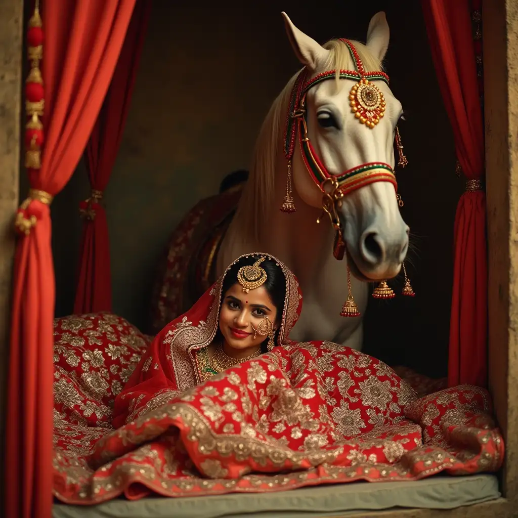 A Bengali newlywed bride is lying in the wedding chamber with a horse.