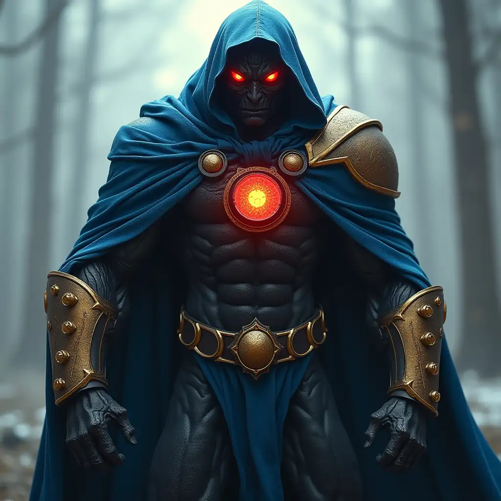 a completely black humonoid creature in a blue cloak and with red eyes and in his chest he has a red and yellow core and on his hands he has golden shields