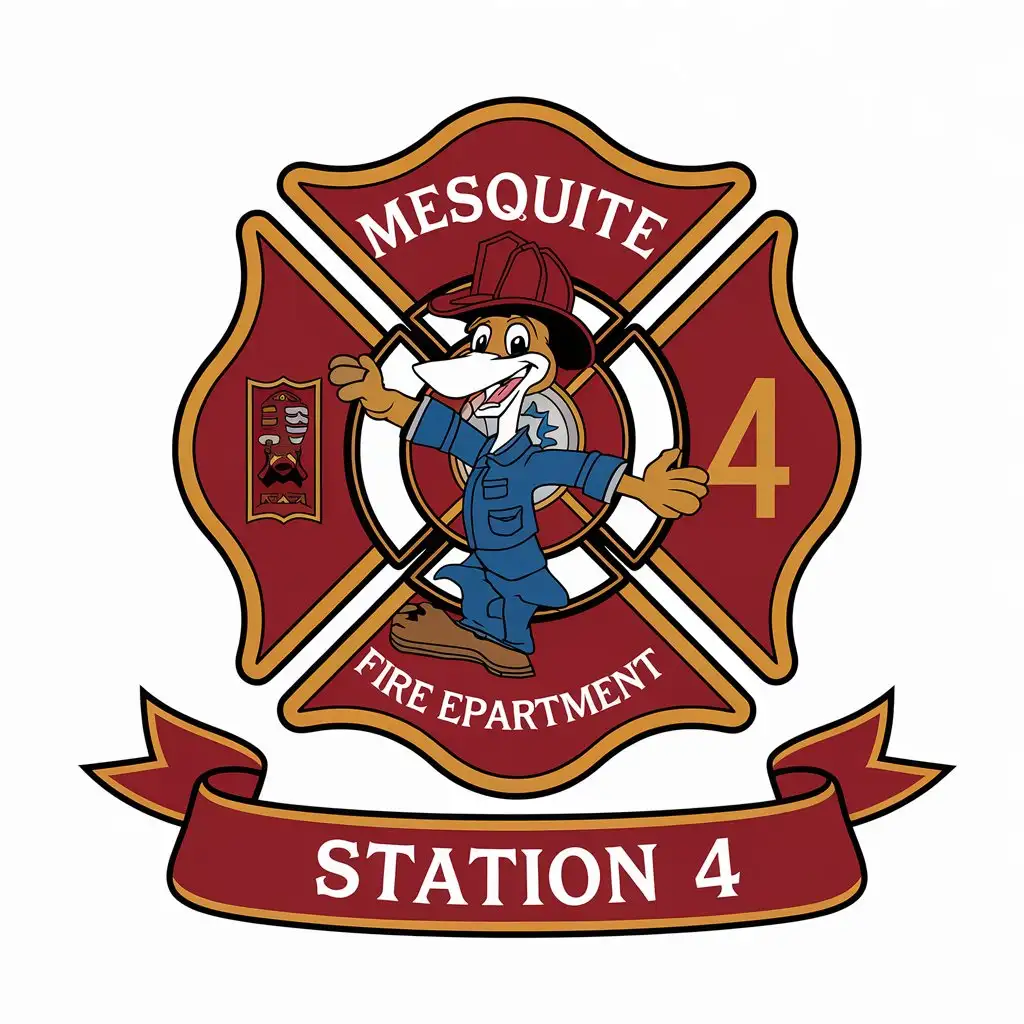 LOGO Design for Mesquite Fire Department Station 4 Maltese Cross with Road Runner Firefighter Mascot