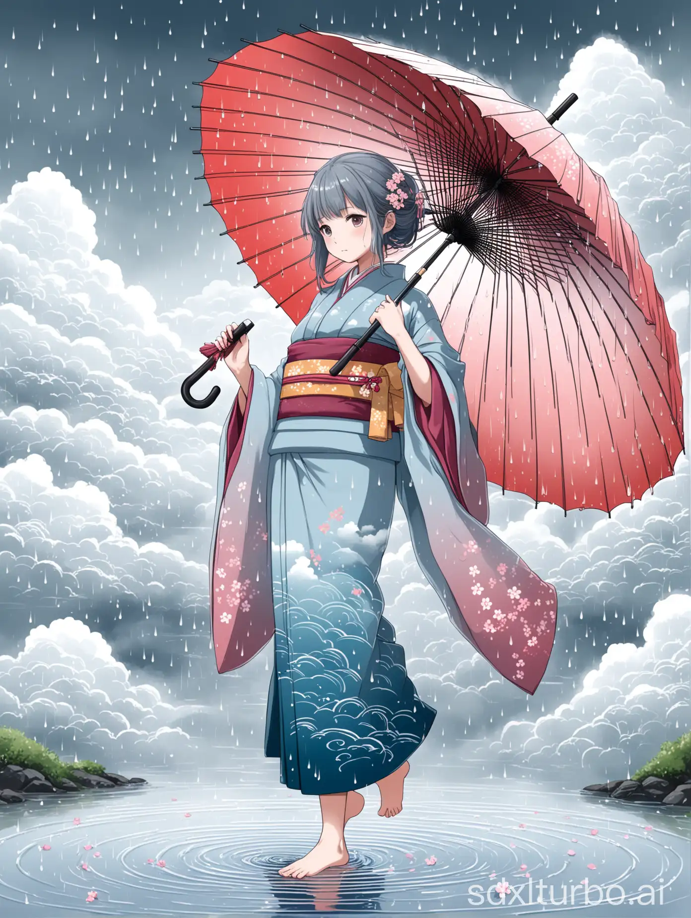 Girl-in-Kimono-with-WaterInspired-Gradient-and-Seasonal-Obi-Walking-Through-Mist-with-Umbrella