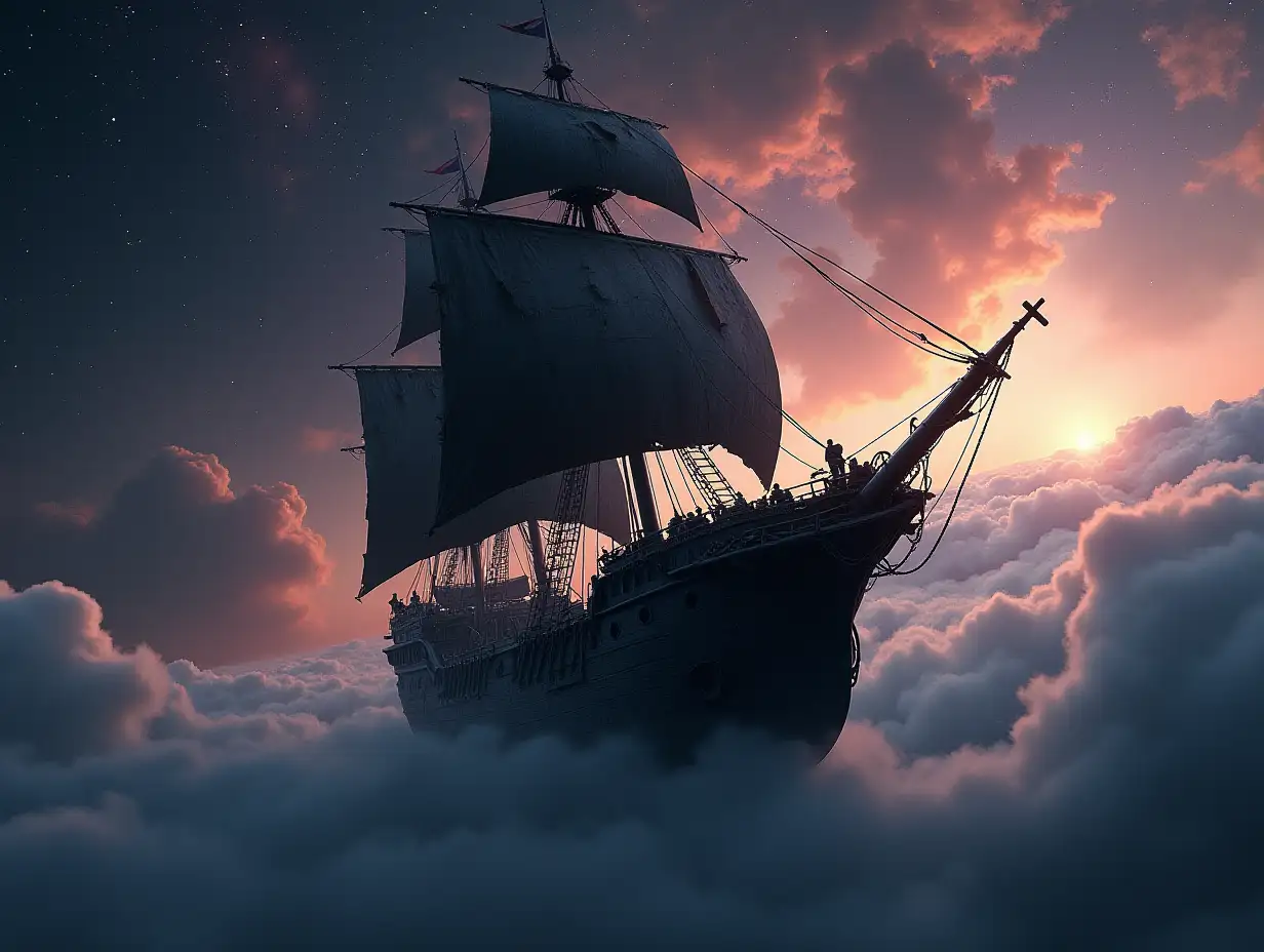 hyper realistic, battered, black space pirate ship, with black torn sails, flying in universe, through interstellar clouds, background filled with stars, colored nebular