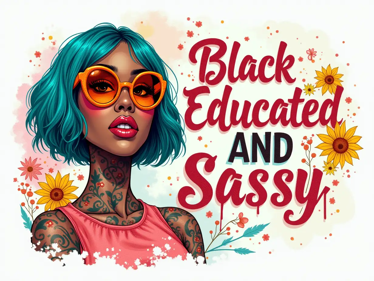 Vintage illustration, Watercolor Art. A vibrant and empowering illustration featuring a confident Black woman with a stylish bob haircut, showcasing bold teal and pink highlights. She wears oversized round orange sunglasses and displays colorful tattoos on her arms and neck. The background is a lively blend of bright colors, including soft blues and splashes of pink, complemented by clusters of sunflowers and intricate floral designs. The text 'Black Educated and Sassy' is prominently displayed in a bold, elegant font, harmonizing with the overall aesthetic. The artwork embodies a mix of pop art and hyperrealism, with a focus on bold lines and vivid colors, evoking feelings of strength and individuality. Dripping paint effects in various colors add a dynamic touch to the composition.