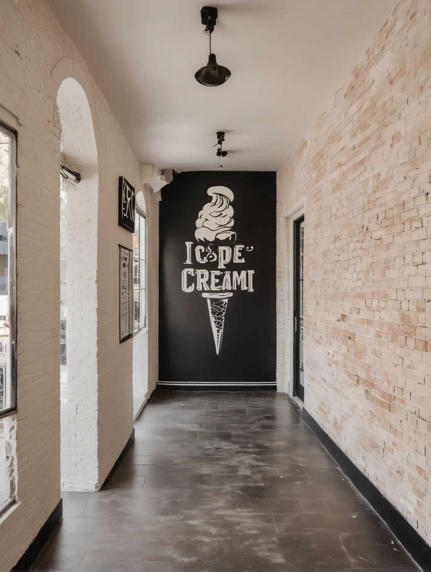 Modern Interior of Ice Cream Shop with Cream Walls and Black Accents