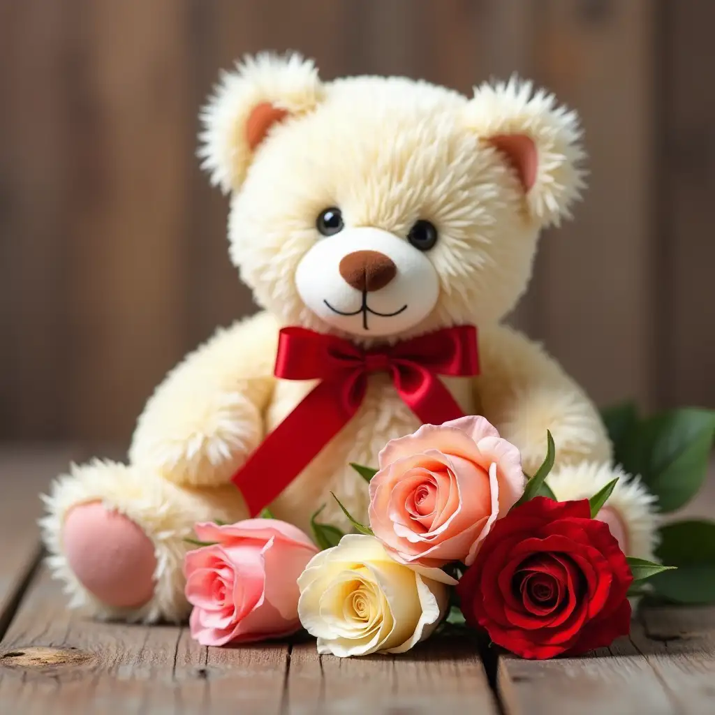 Close-up - A very lovely fluffy cream-colored teddy bear with a red silk ribbon around its neck - Next to him are very beautiful half-opened roses (buds) in pink, cream, and red - A very beautiful image with brilliant details