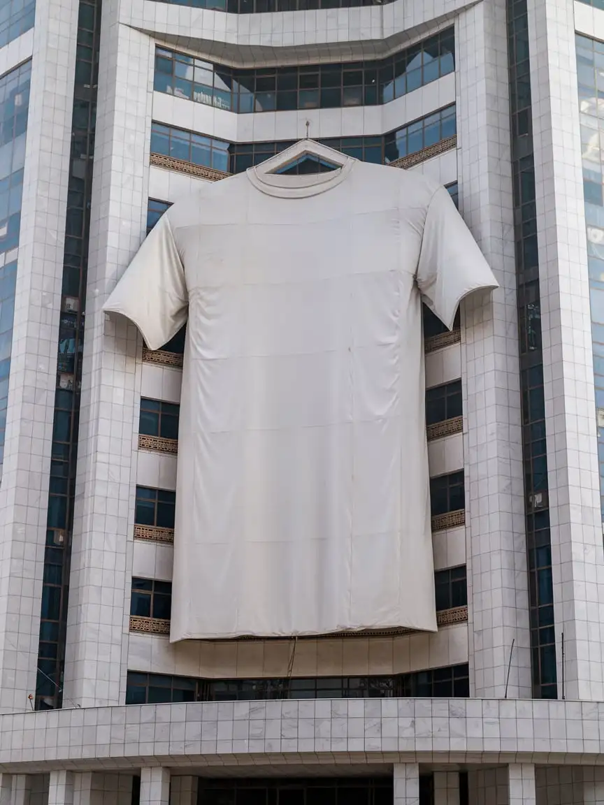 a giant white t-shirt without a picture is hanging on a marble house in Ashgabat, Turkmenistan