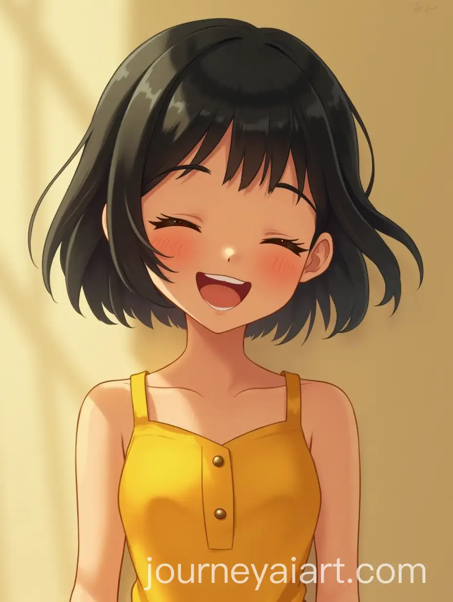 Cheerful-Girl-Laughing-in-Yellow-Dress-with-Short-Black-Hair