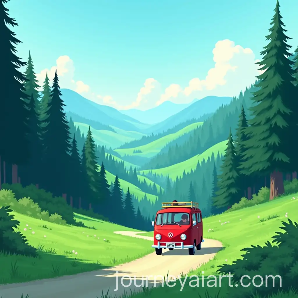 Anime-Style-Studio-Ghibli-Landscape-with-Red-Car-Journey-Through-Evergreen-Valley