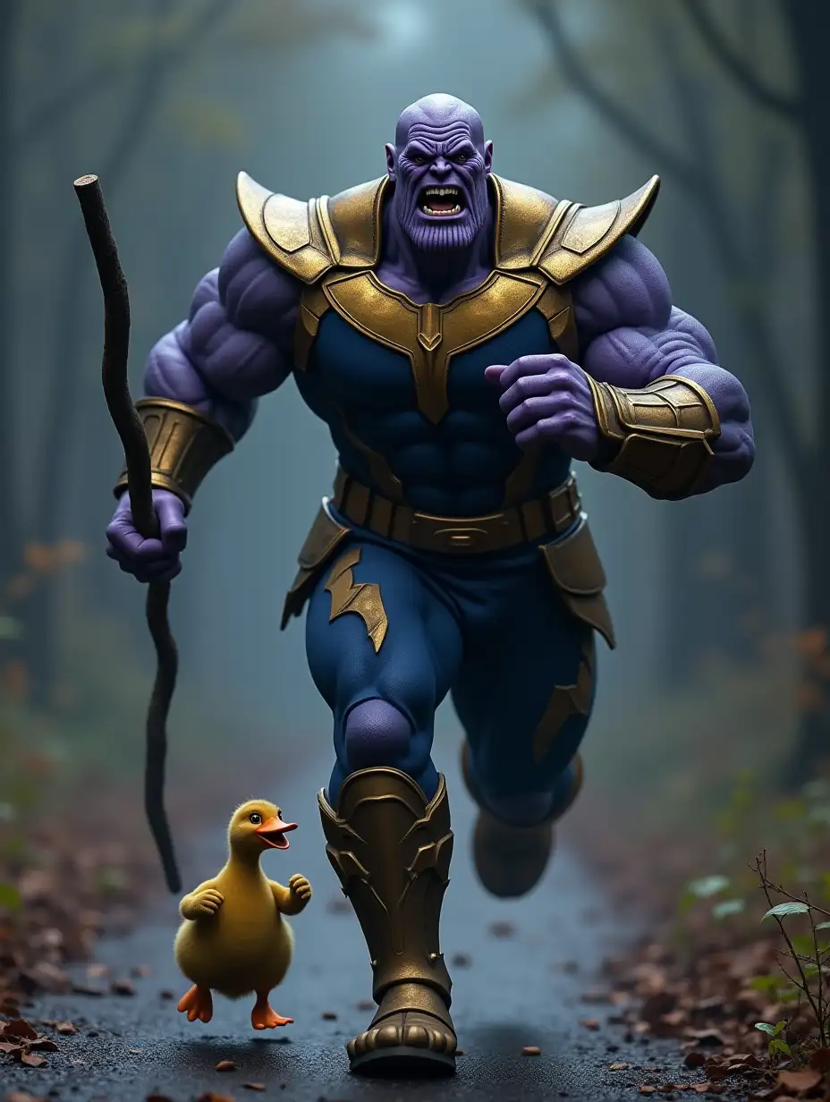 Thanos angry run with stick and duck cub on road dark